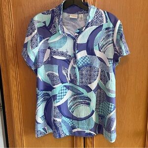 Chico's Blue & Teal 1/4 snap  short sleeve Shirt size 2(large)
